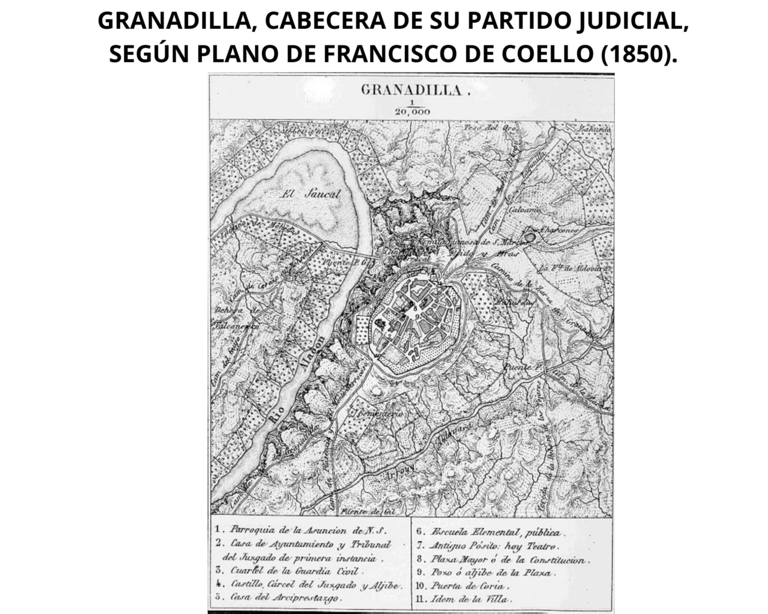 Granadilla, cabecera de su partido judicial, según plano de Francisco de Coello (1850)