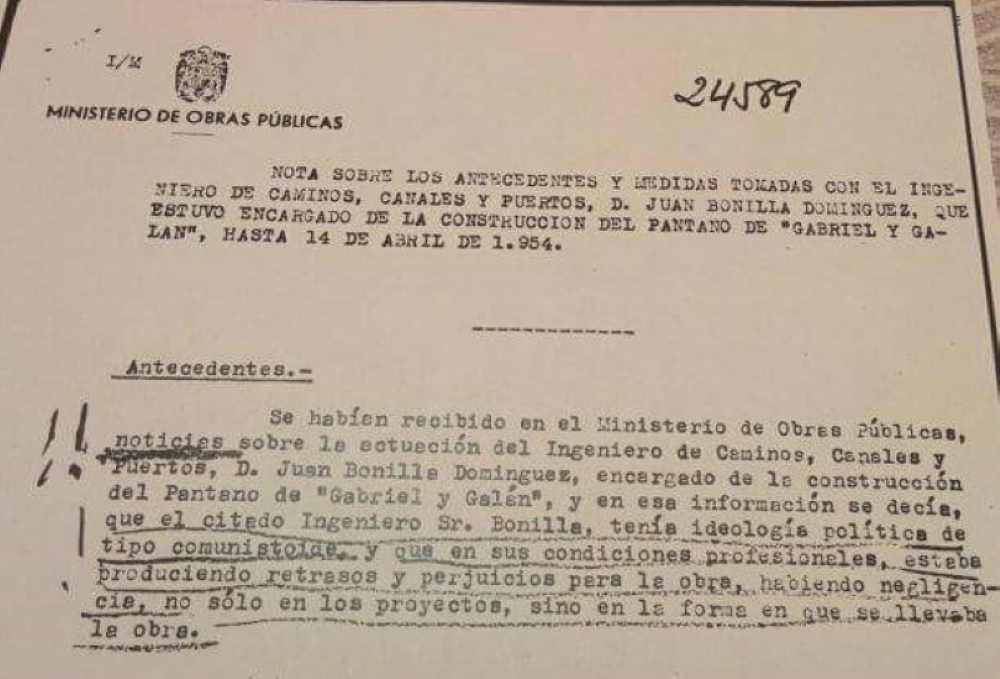 Granadilla, NOTA sobre el despido del Ingeniero D. Juan Bonilla Domínguez, que estaba a cargo de la construcción de la presa Gabriel y Galán